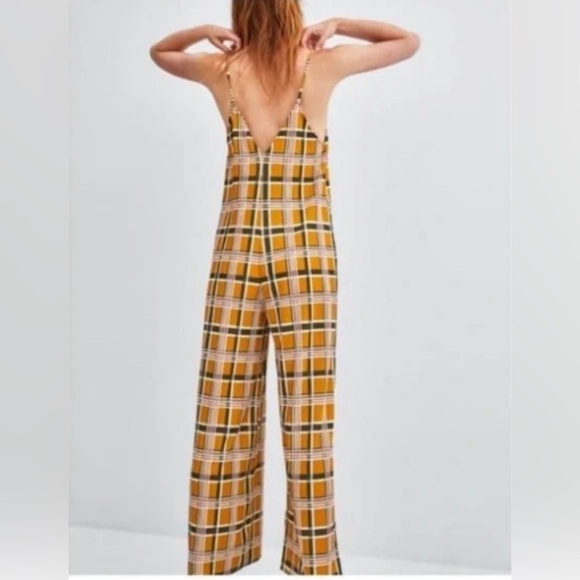 Zara Trafaluc Mustard Yellow green Plaid tartan Jumpsuit S Wide Leg cami strap - Picture 2 of 14